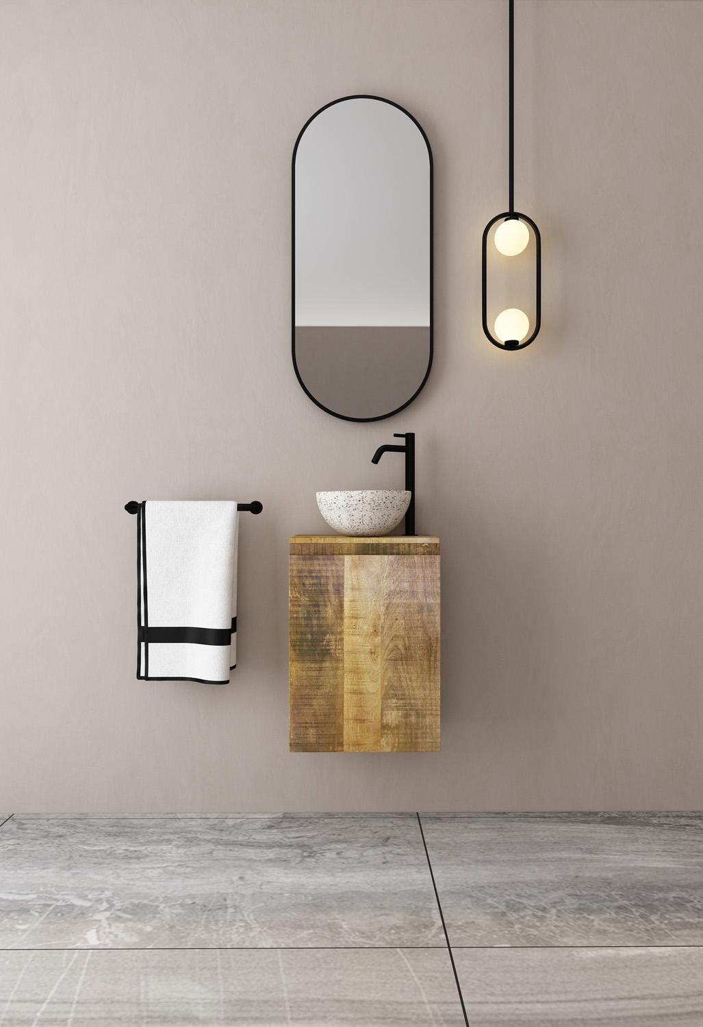MD Interior Bello toiletmeubel mangohout met zwart-witte terrazzo waskom links