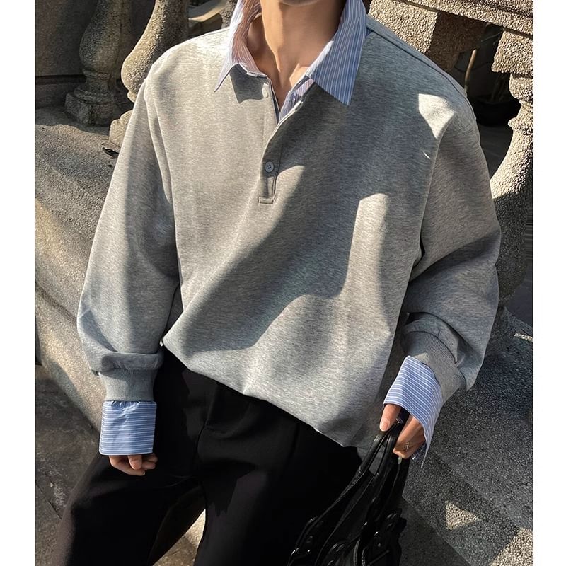 Posive - Mock Two-Piece Sweatshirt met Gestreepte Kraag en Paneel