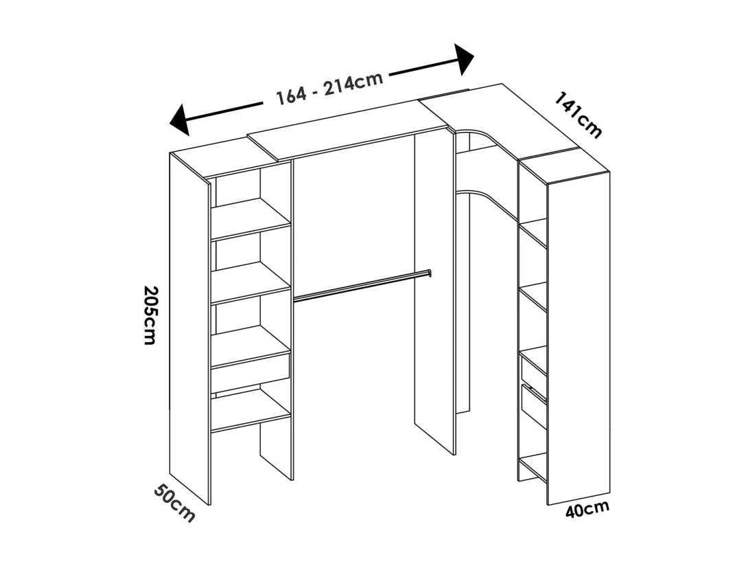 Kit armoire dressing d'angle extensible en bois mélaminé coloris chêne naturel, graphite - Longueur 164-214 x Profondeur 141 x Hauteur 205 cm