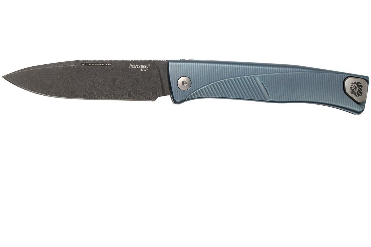 LionSteel Thrill TL-D-BL Damascus, Blue Titanium Integral Slipjoint zakmes