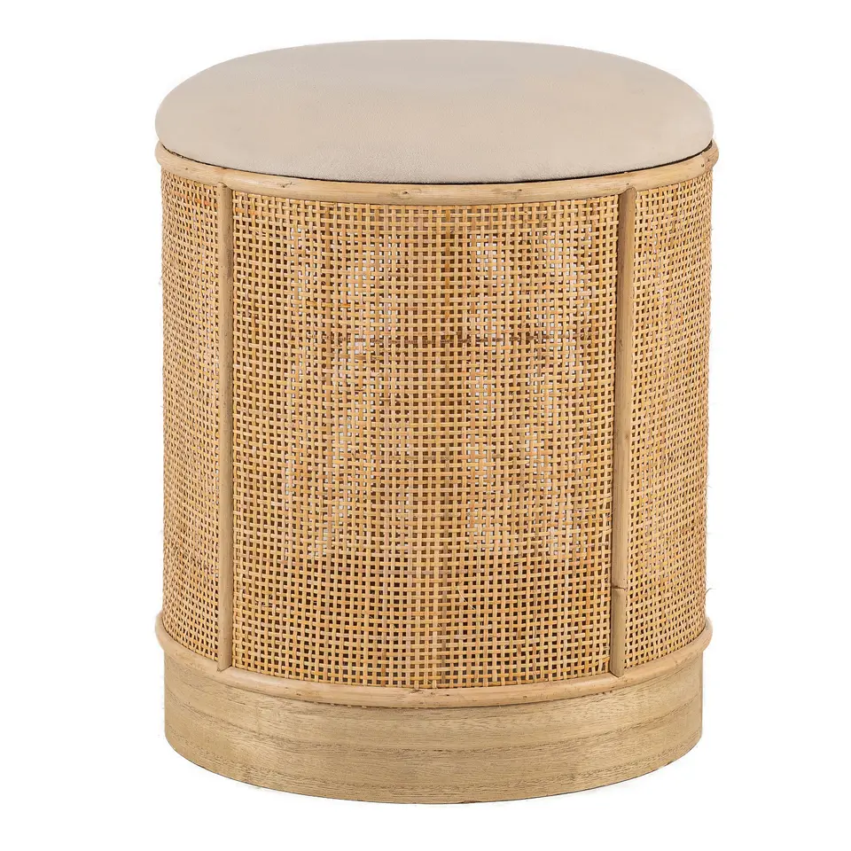 Pouf in beige velvet and rattan