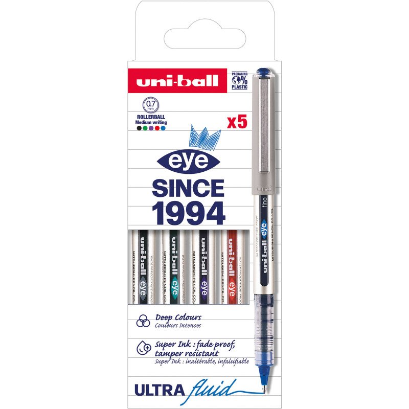 Stylo roller Uni Ball Eye à capuchon couleurs assorties classiques pointe 0,7 mm- écriture moyenne - Pochette de 5