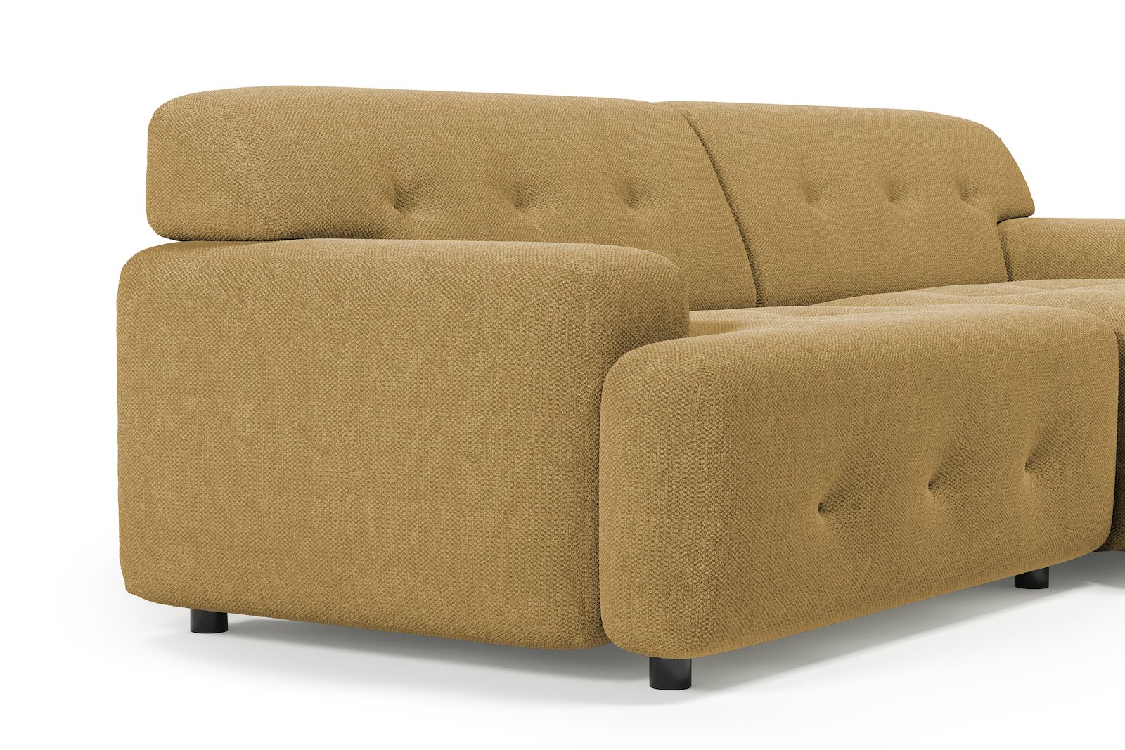 Bob sofa 1,5-seter med sjeselong høyre. Tekstil Mito 170 Mustard med sorte ben.