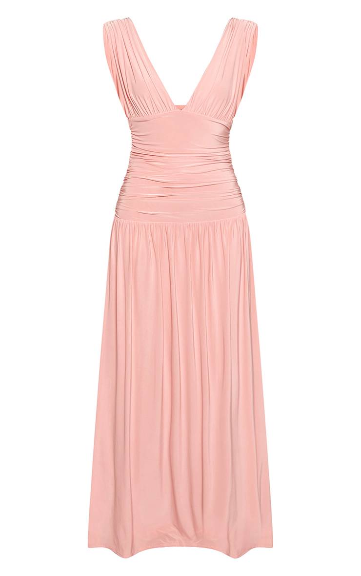 Rose Pâle Robe Longue Sans Manches À Décolleté Plongeant En Jersey Slinky Double Épaisseur