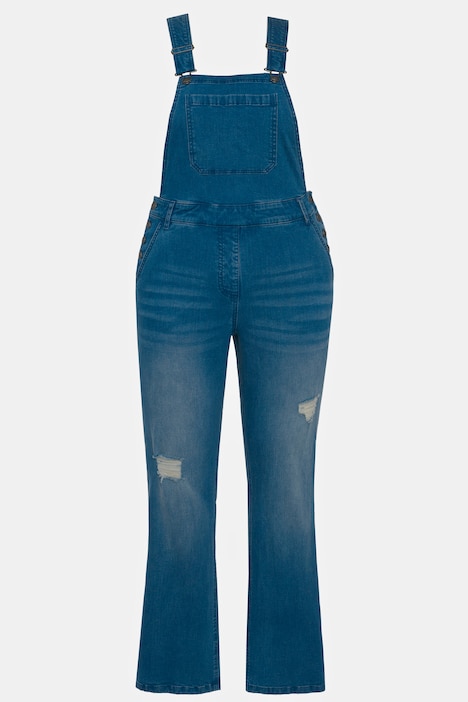 Jeans-Latzhose, ausgestelltes Bein, Destroy-Effekt