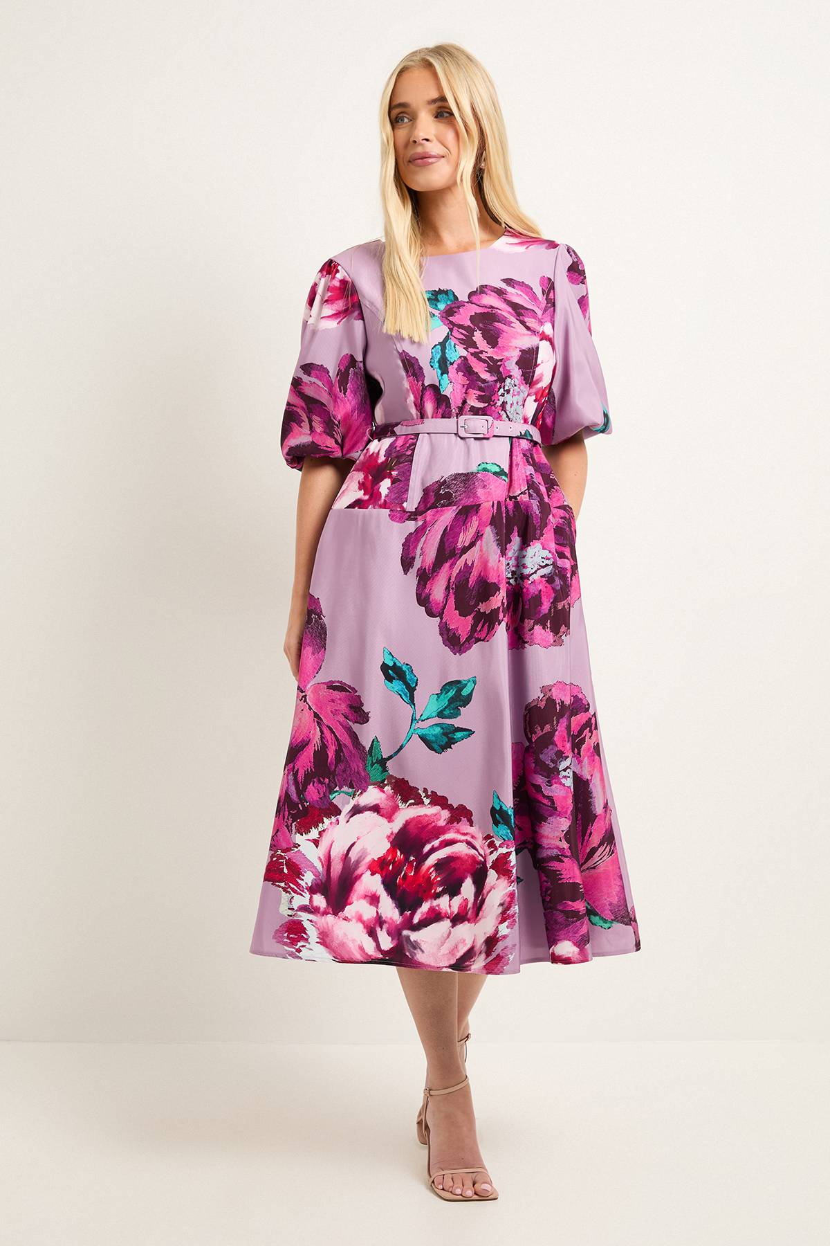 Wallis Robe Midi Ceinturée en Sergé Fleuri Petite Taille