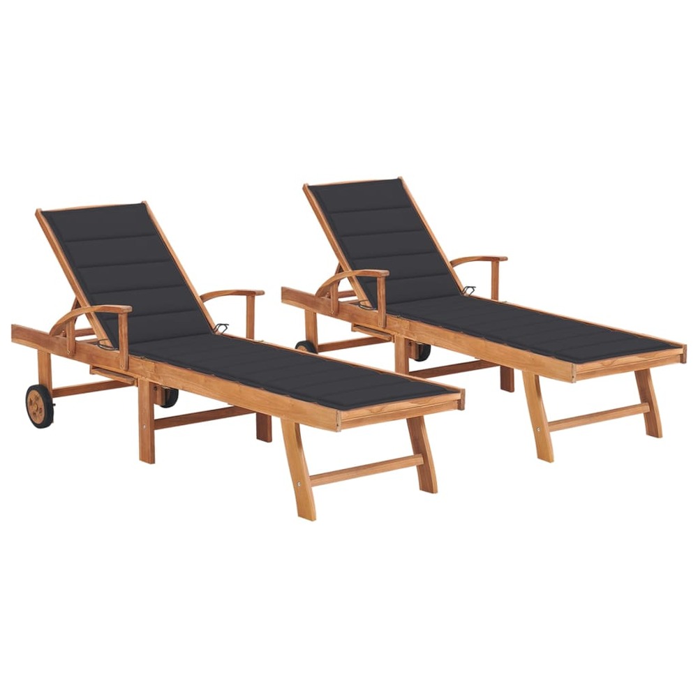 Lot de 2 transats chaise longue bain de soleil lit de jardin terrasse meuble d'extérieur avec coussin anthracite teck solide