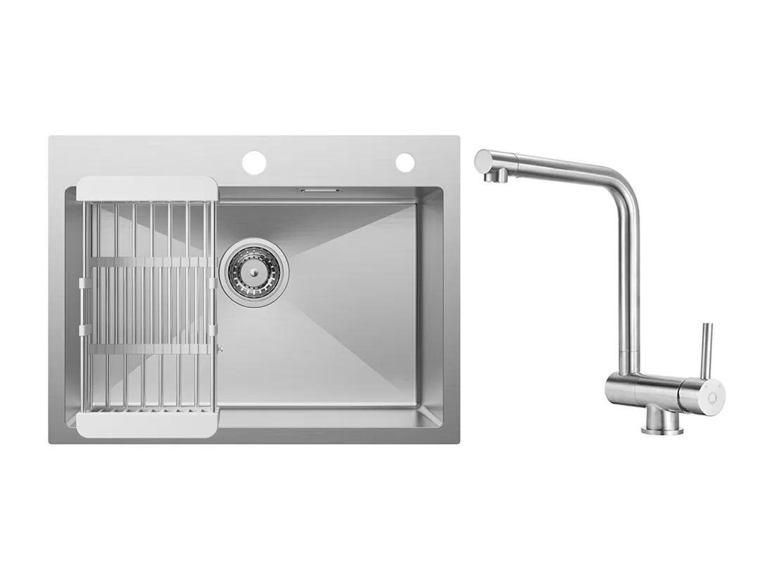Évier Cuisine 1 Bac 60×45×18CM Évier Inox Brossé avec Panier de Drainage + Mitigeur de Cuisine Rabattable Brossé