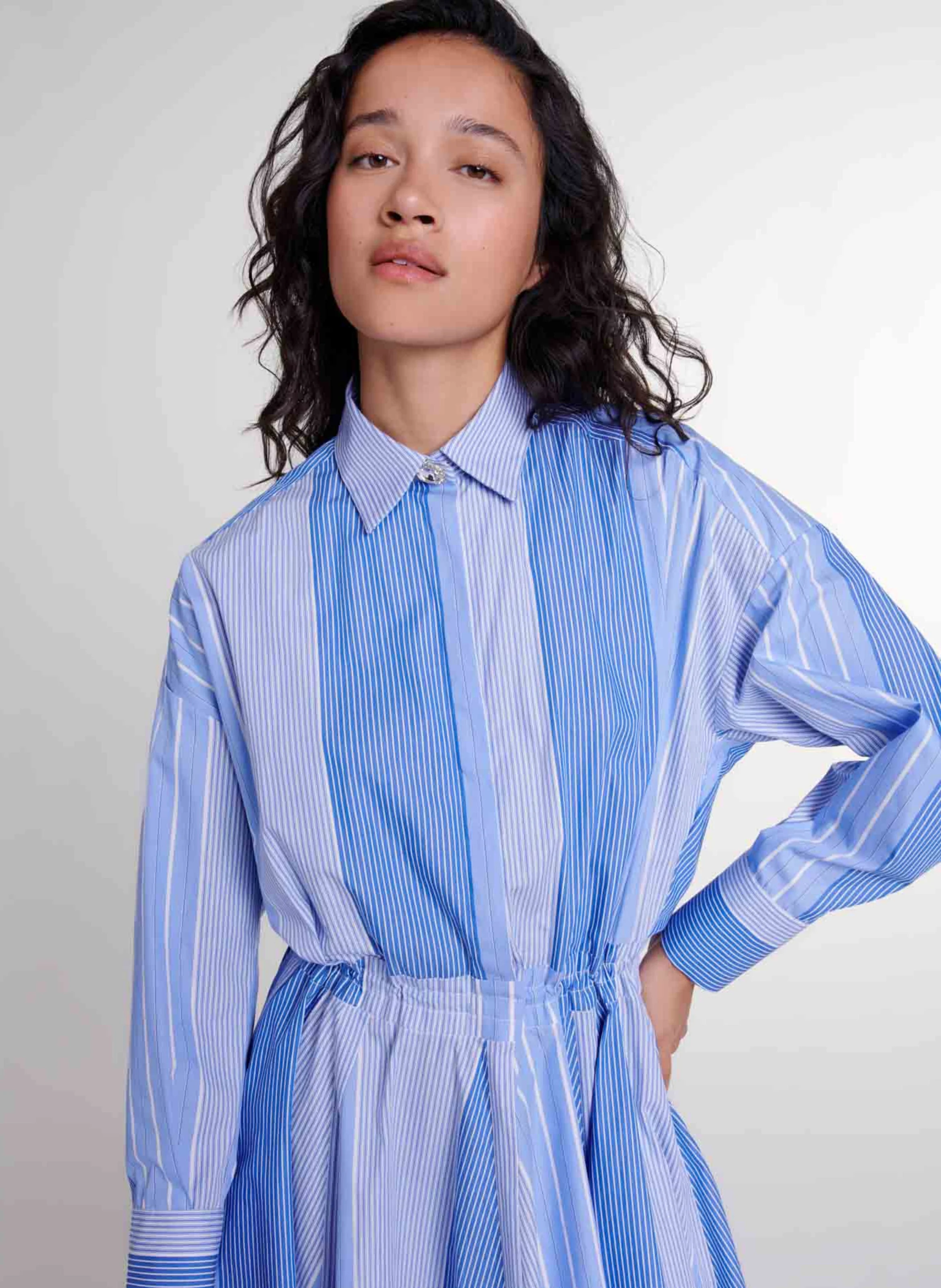 Robe midi col classique rayée en coton | Multicolore