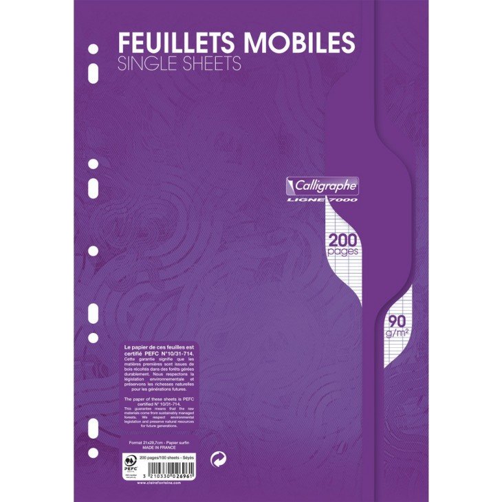 Feuillet mobile conquerant 210x297mm 200 pages 90g seyes perfore coloris blanc
