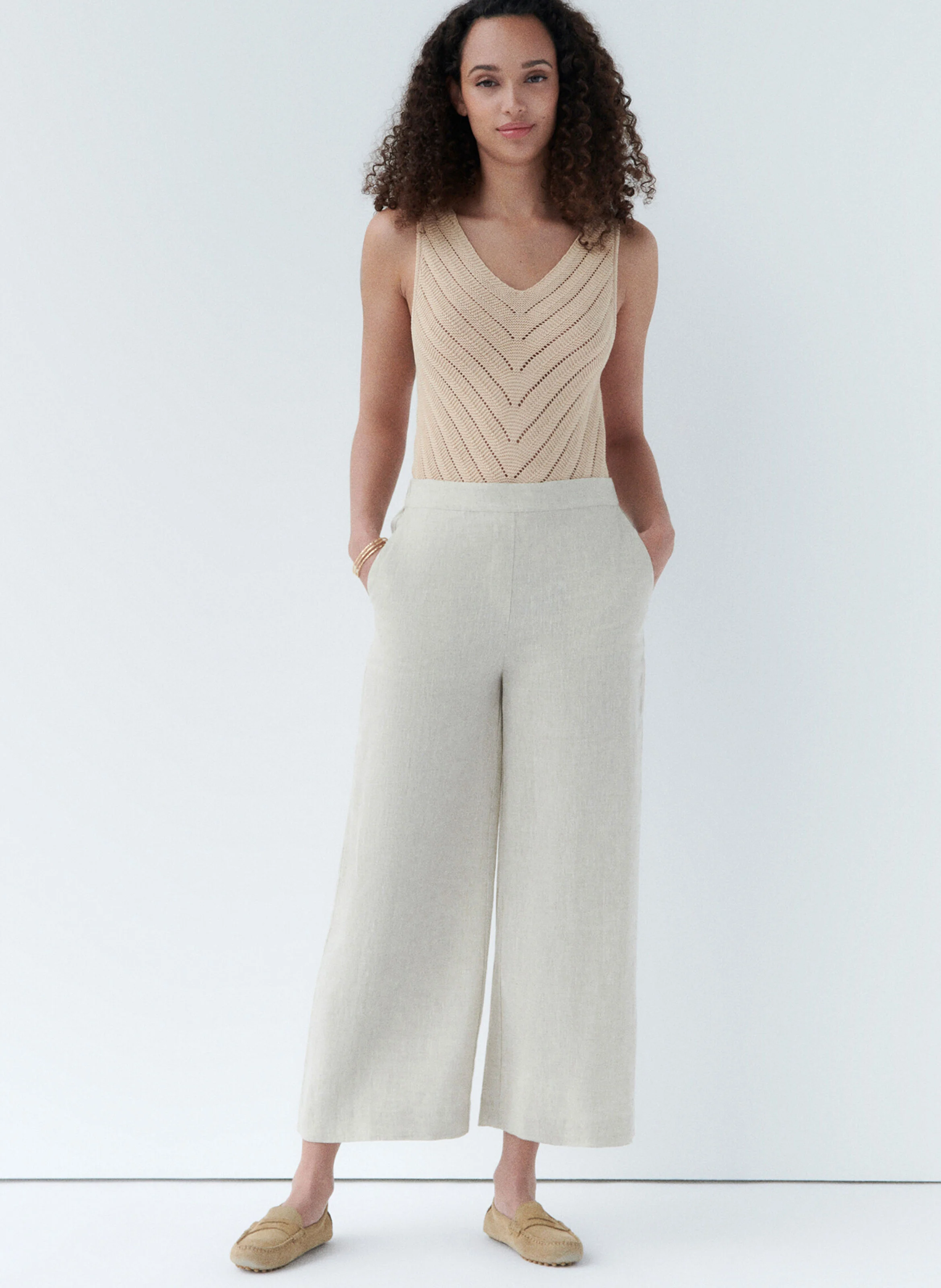 PANDI - Pantalon large taille haute en lin | Beige
