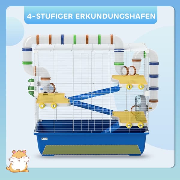 Hamsterbur for dverghamstere 4-lags gnagerbur Smådyrbur med hjulfôringsskål og tilbehør Stort musebur 78 x 45 x 73 cm Blå