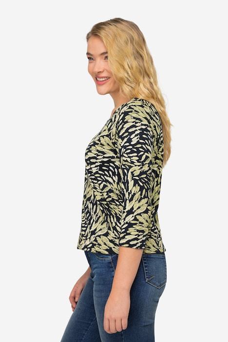 T-Shirt, Fische Print, Rundhals, 3/4-Ärmel, elastischer Saum, OEKO-TEX