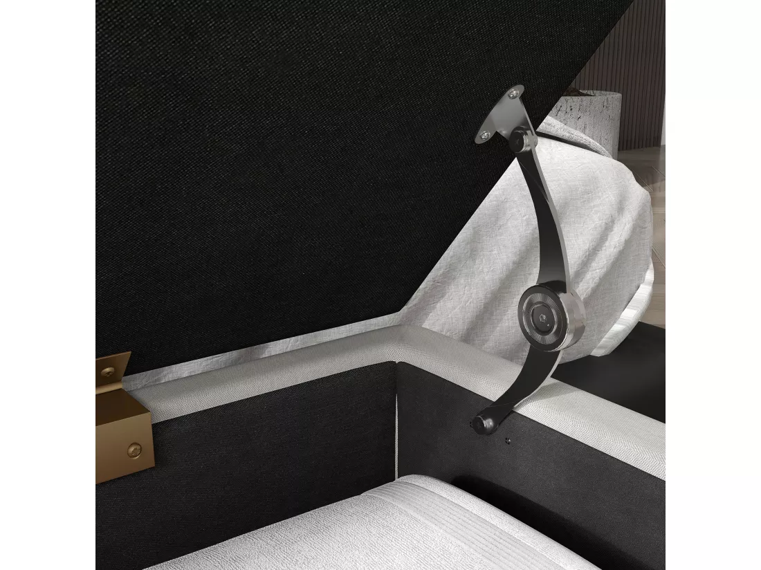 Banquette coffre de rangement 2 en 1 design art déco - piètement épingle acier doré tissu crème