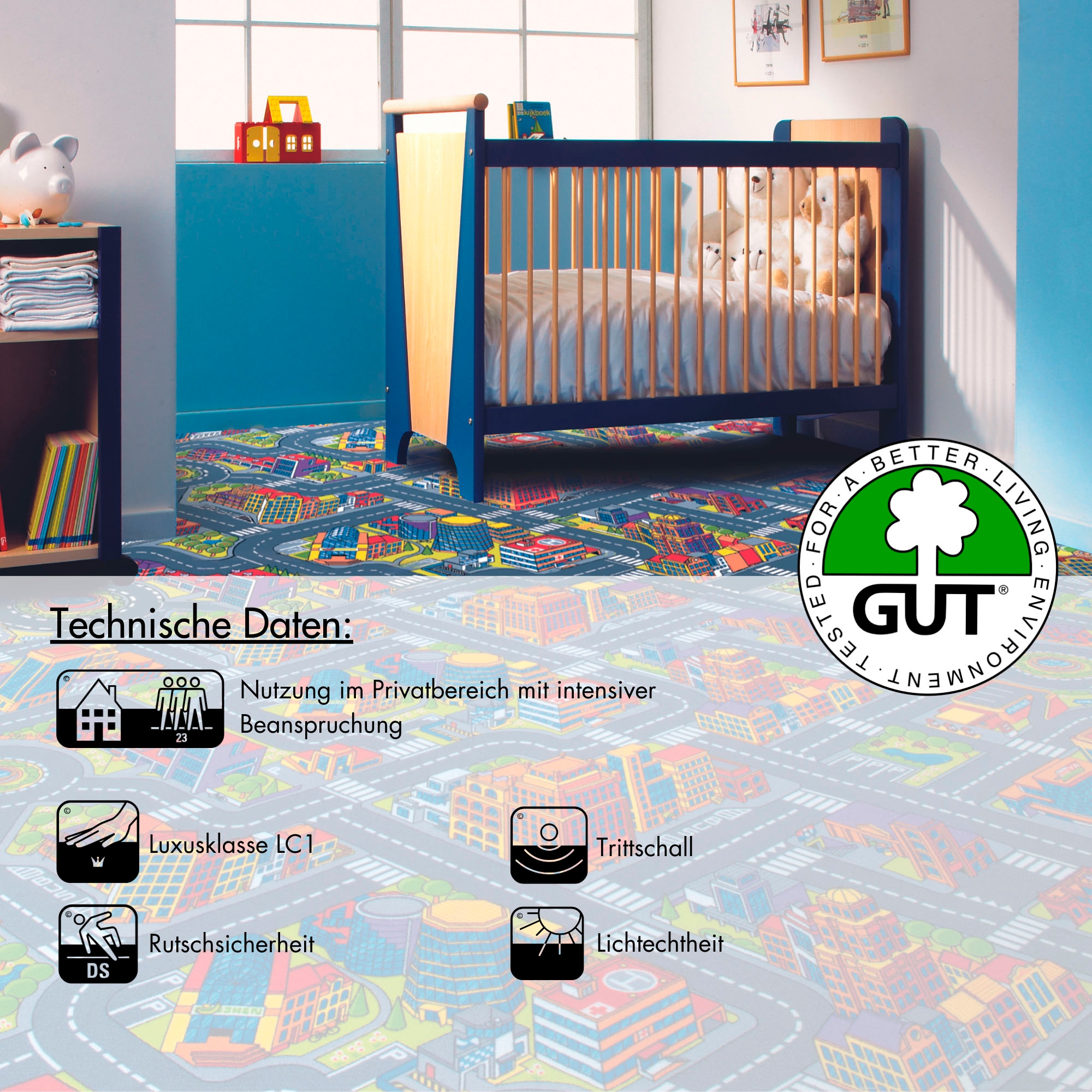 Andiamo Teppichboden »City, Schlinge, Made in Belgium« rechteckig 6,5 mm Höhe Spielteppich, Strassenteppich, Breite 200 cm oder 400 cm, Kinderzimmer