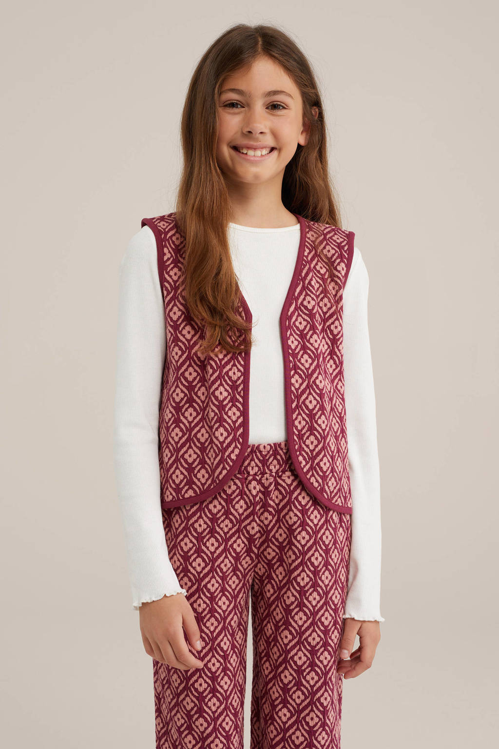 WE Fashion gilet met all over print donkerrood/lichtroze