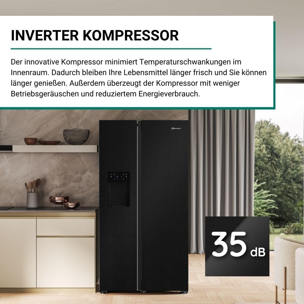 Bauknecht SBS IW E90 Black Side by Side Kühl-Gefrierkombination/ 25 Jahre nachgewiesene Zuverlassigkeit und Lebensdauer-Inverter Kompressor/Wasser- und Eiswürfelspender/Dual Cool Total NoFrost