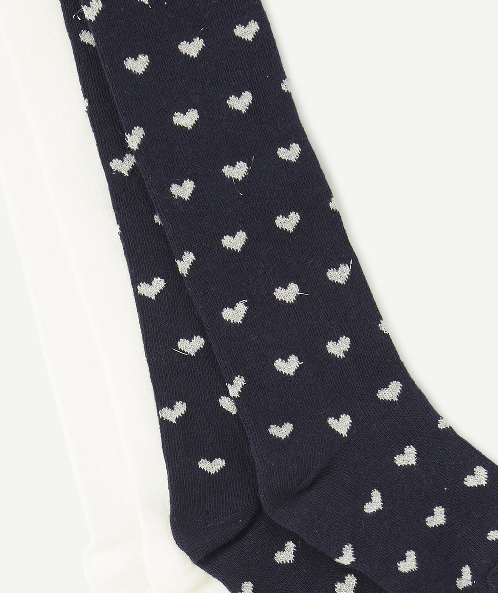 COLLANTS TRICOT FILLE BLANC ET BLEU MARINE AVEC COEURS