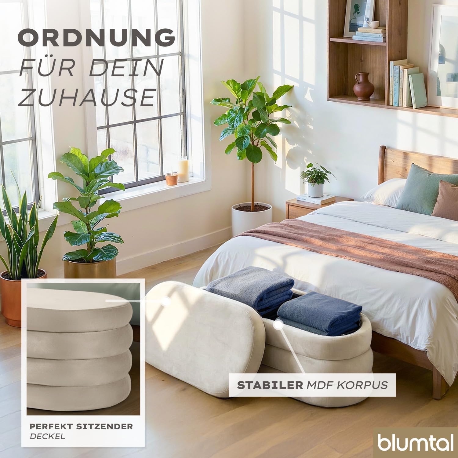 Blumtal Sitzbank mit Stauraum XL oval, Samt-Bezug - robuste Polsterbank mit Stauraum Samtoptik extra weich 110 x 45 x 42.5 cm - Polsterbank mit Stauraum - wunderschöner Samt-Look - Ottoman Creme