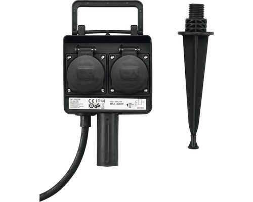 Tuinstopcontact met grondpen, 2-voudig, IP44, 1,5 m kabel, zwart, tot max. 3680 watt