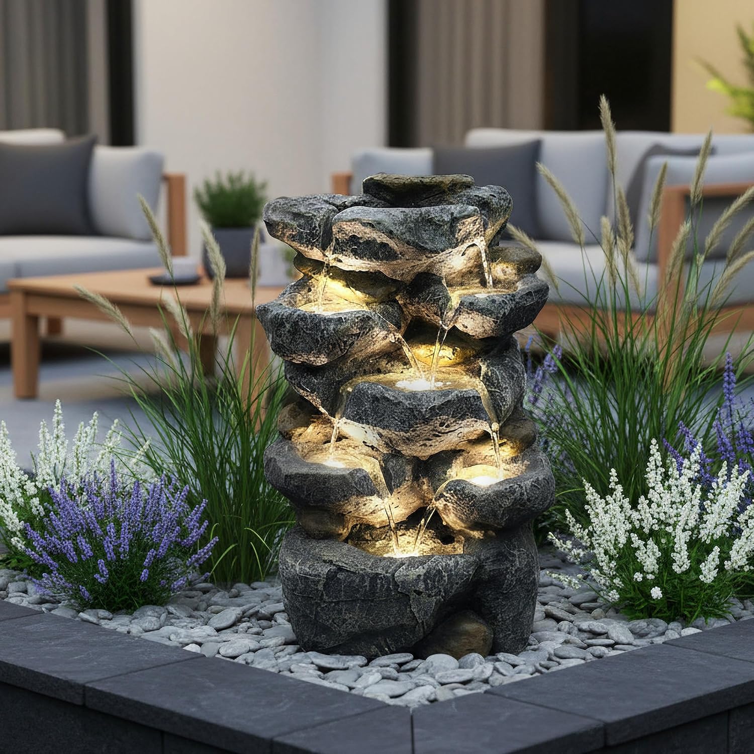 Springbrunnen Victoria mit LED Beleuchtung Zimmerbrunnen IN und Outdoor Gartenbrunnen Wasserspiel Stein Optik