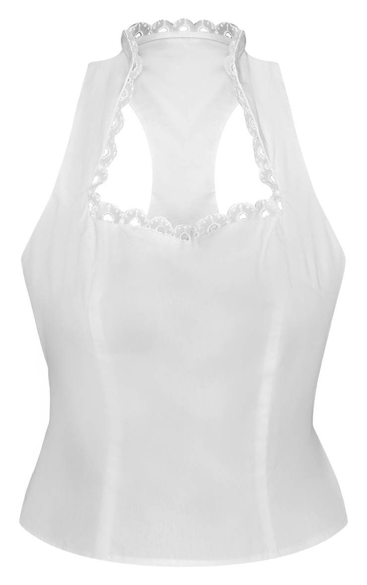 Blanc Top Ajusté Sans Manches À Col Broderie Anglaise Cœur Petite
