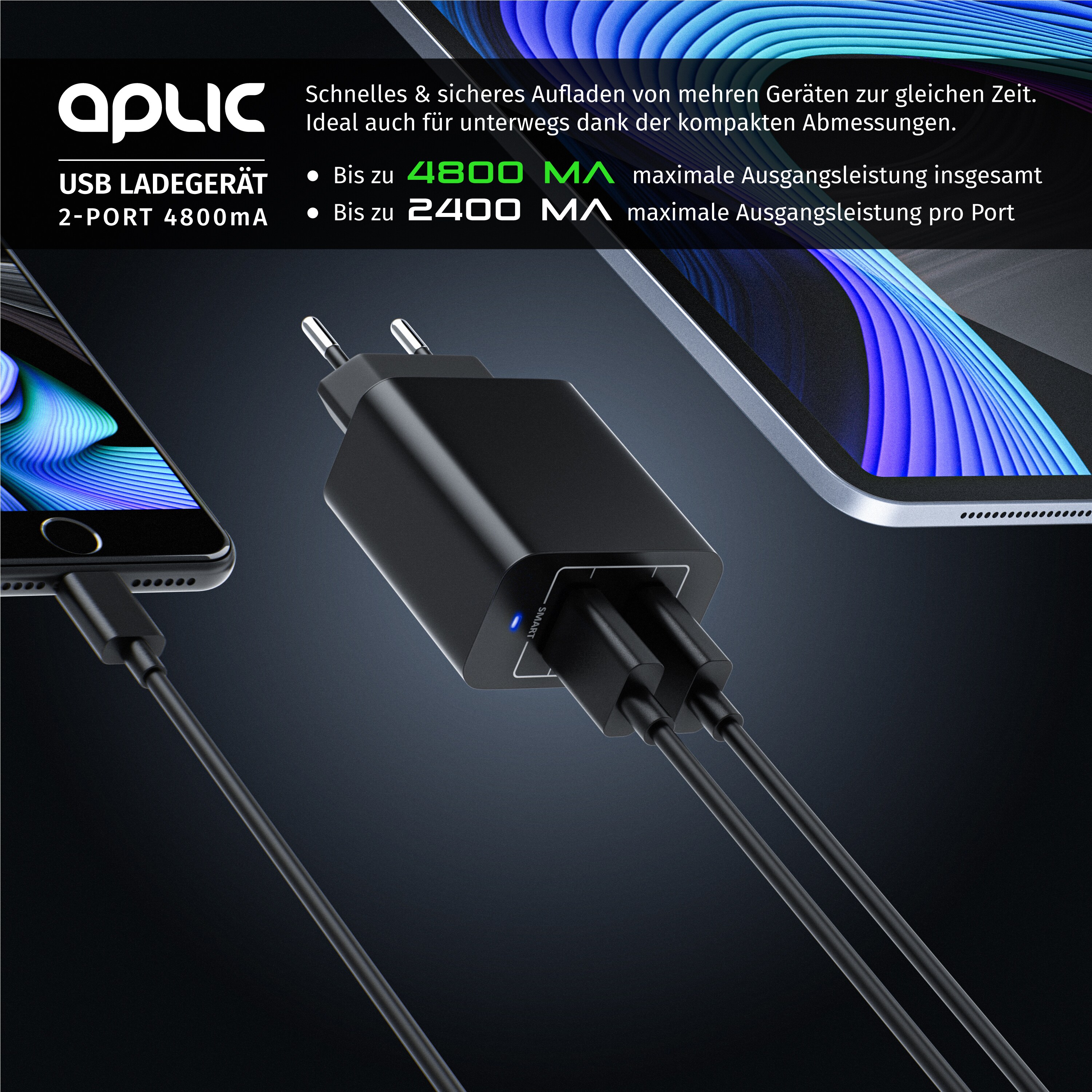 Aplic USB-Ladegerät 4800 mA, 2-Port Netzteil für Handy/Smartphone/Tablet, 4800mA - 2400mA je Port