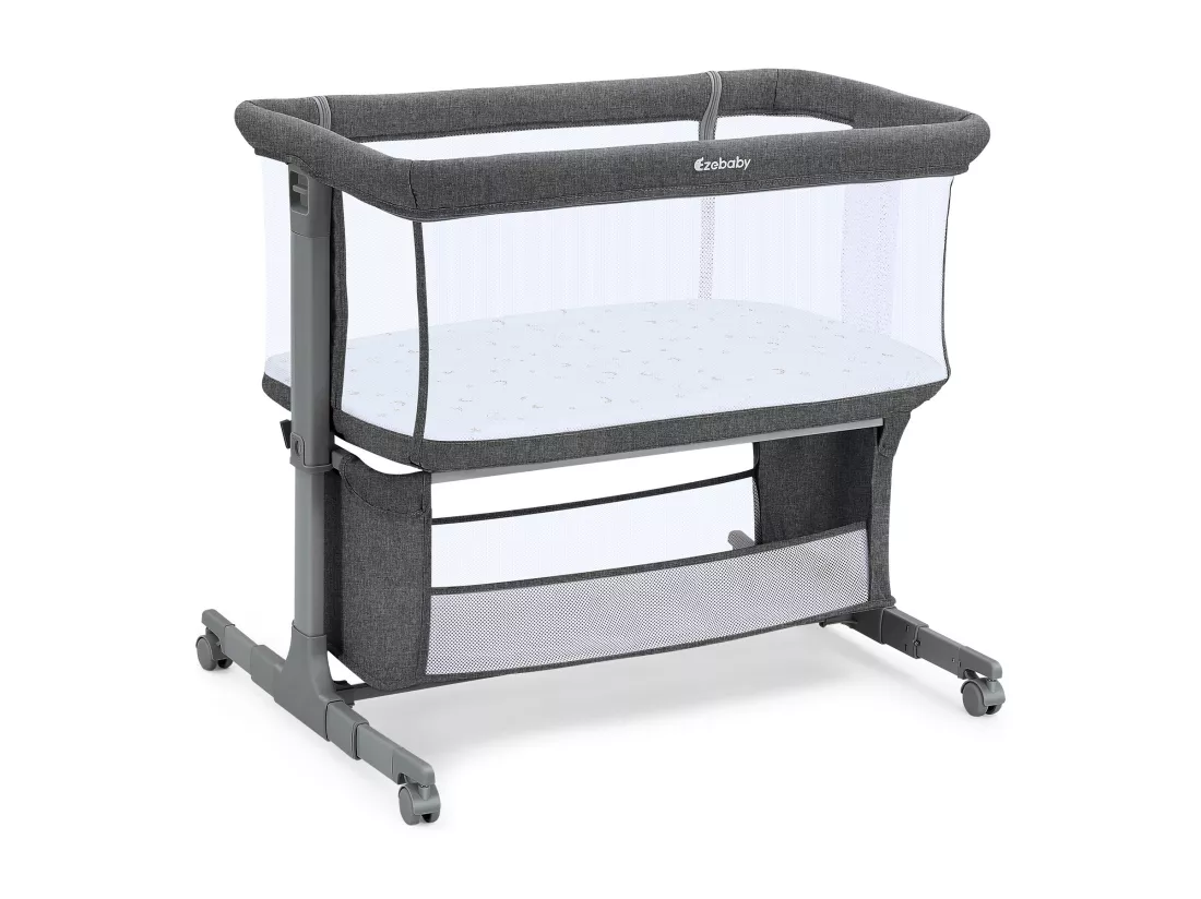 Berceau Cododo, 7 Hauteurs Réglables, avec matelas et sac de Rangement, paroi latérale pliable, roues pivotantes à 360° avec frein