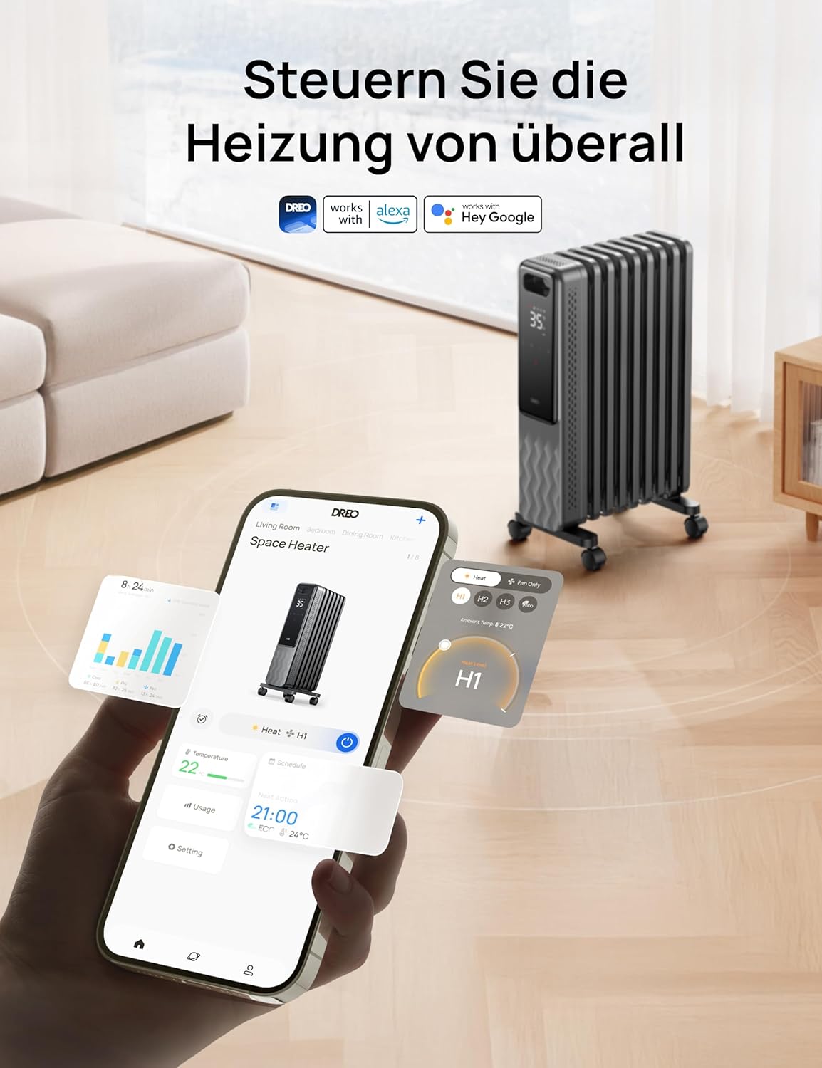 Dreo Ölradiator Energiesparend 2000W, Mobile Elektroheizung 9 Rippen mit Fernbedienung, 3 Heizstufen, 4 Modus, 24h Timer, Überhitzungs-Kippschutz, Radiatoren Elektrisch Heizung mit Thermostat, OH310