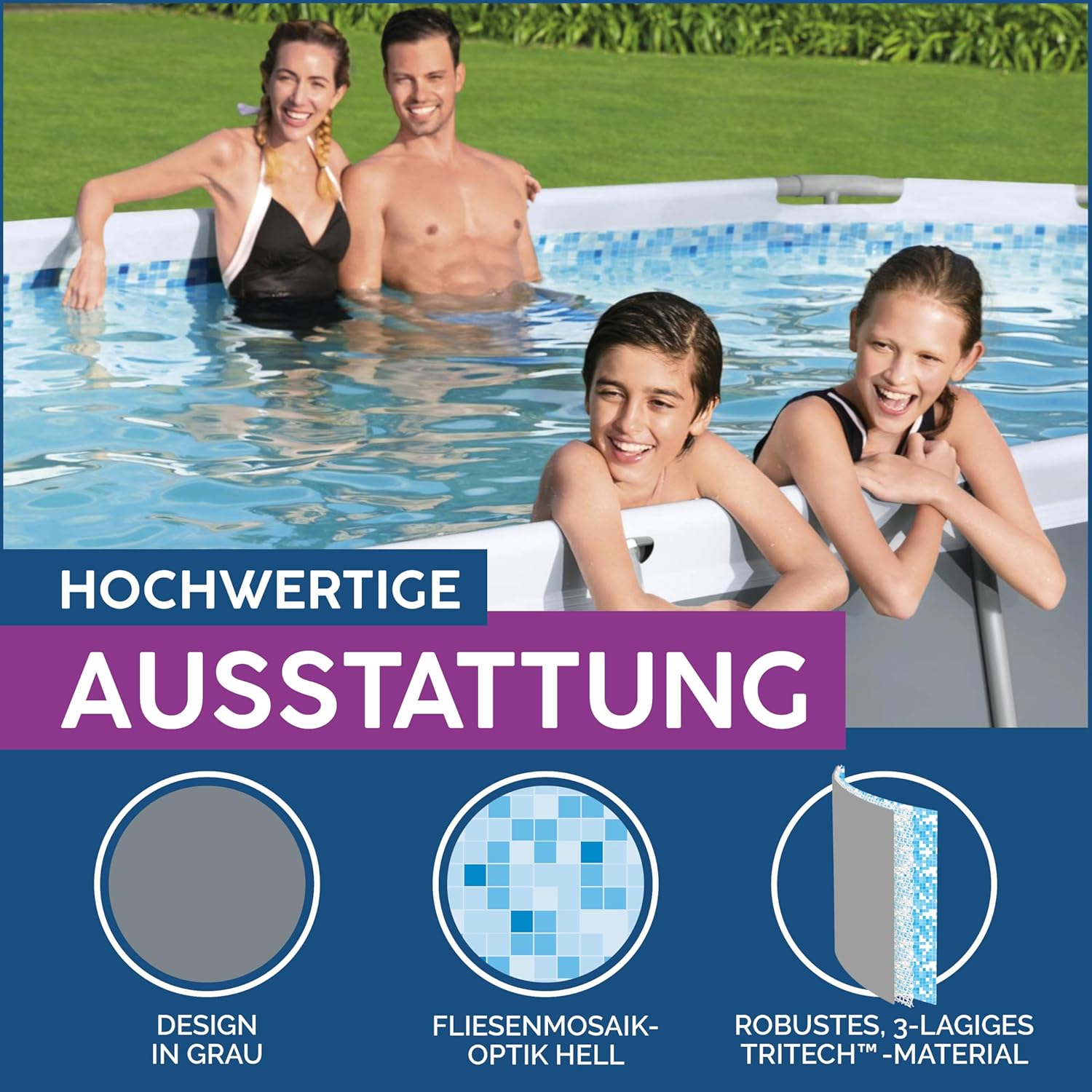 Bestway Steel Pro MAX Frame Pool Komplett-Set, 549 x 274 x 122 cm, 13.430 L, TriTech-Material, Filterpumpe, Sicherheitsleiter, Abdeckplane, Fliesenmosaik, einfacher Aufbau, langlebiger Stahlrahmen