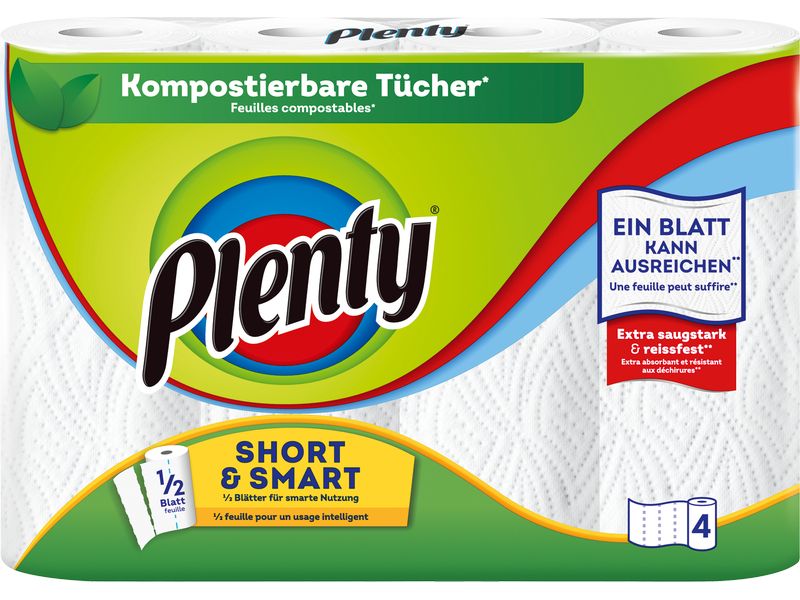 Plenty Haushaltspapier Short & Smart 4 Rollen à 74 Blatt Kompostierbare Tücher für die Hygiene im Haushalt