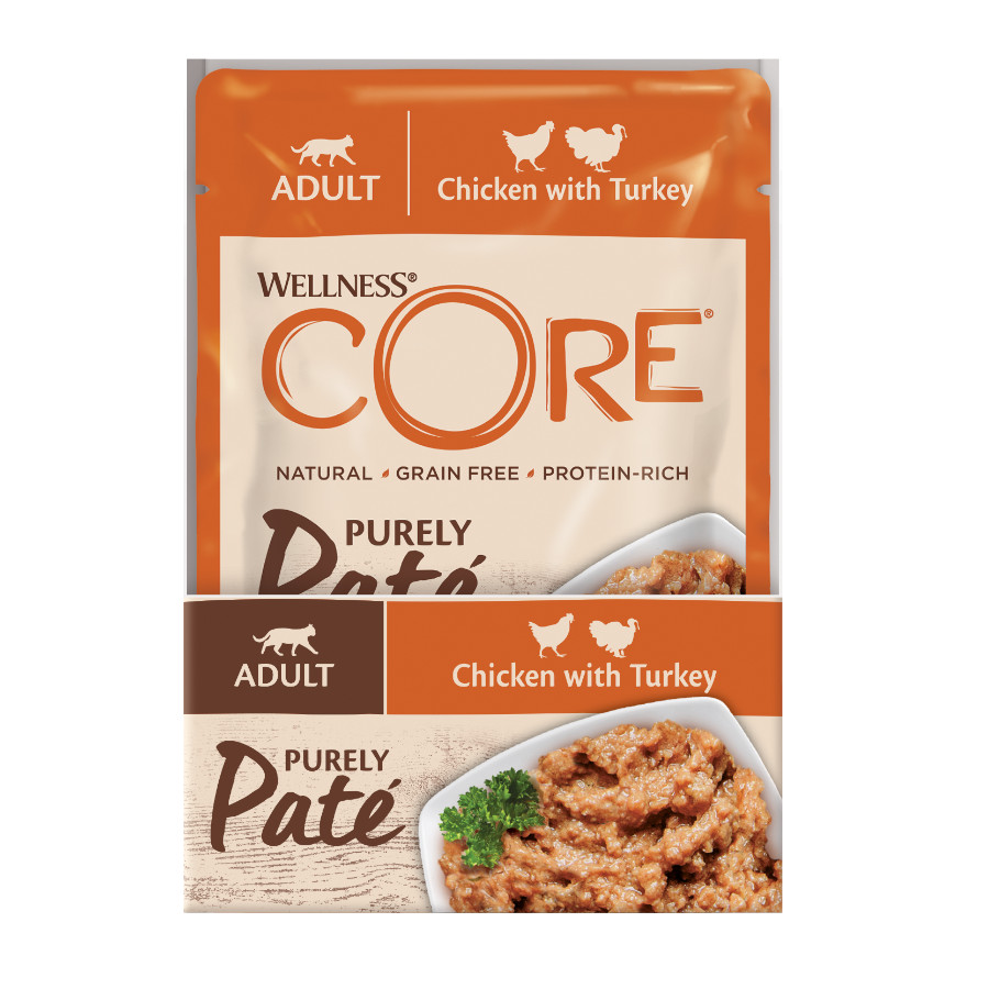 Sachê de 85g de patê Wellness Core Adult com frango e peru para gatos.