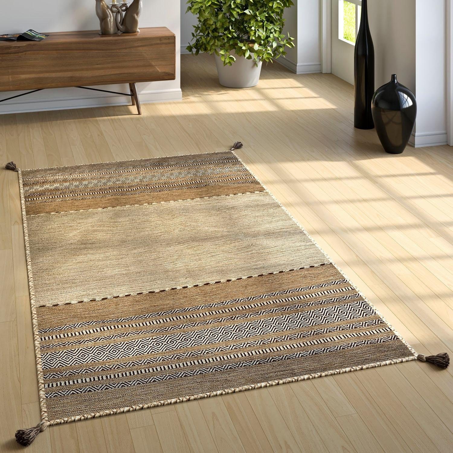 Paco Home Teppich »Kilim 217« rechteckig 12 mm Höhe handgewebter Wendeteppich, reine Baumwolle, gestreift, Wohnzimmer
