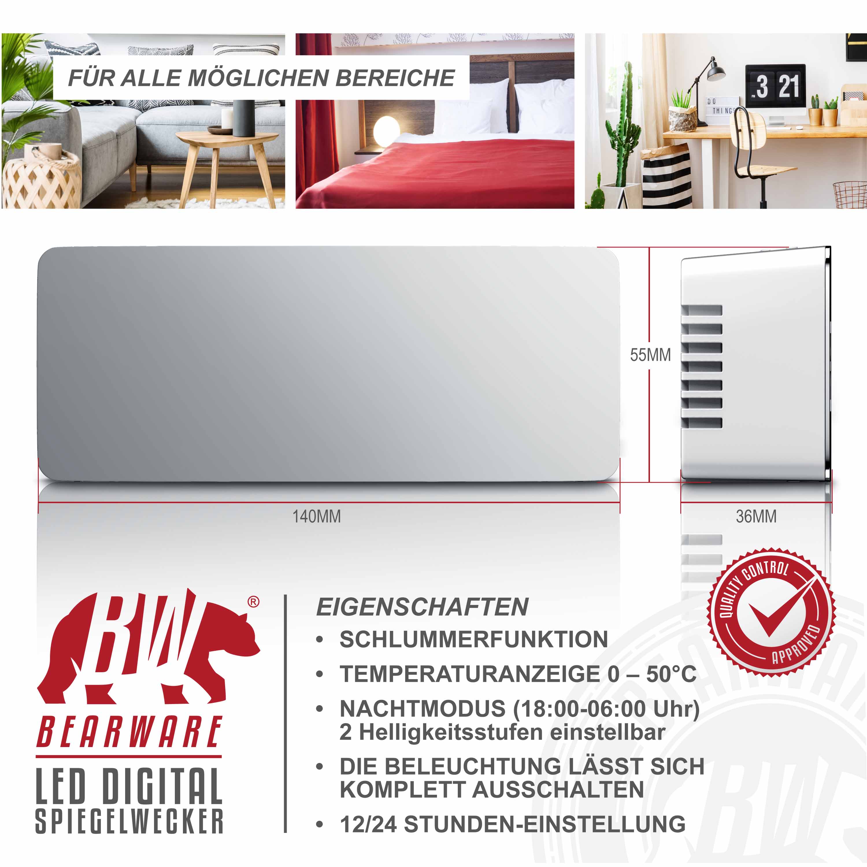 BEARWARE Wecker, LED Digital Spiegelwecker mit Nachtmodus & Temperaturanzeige, Kosmetikspiegel