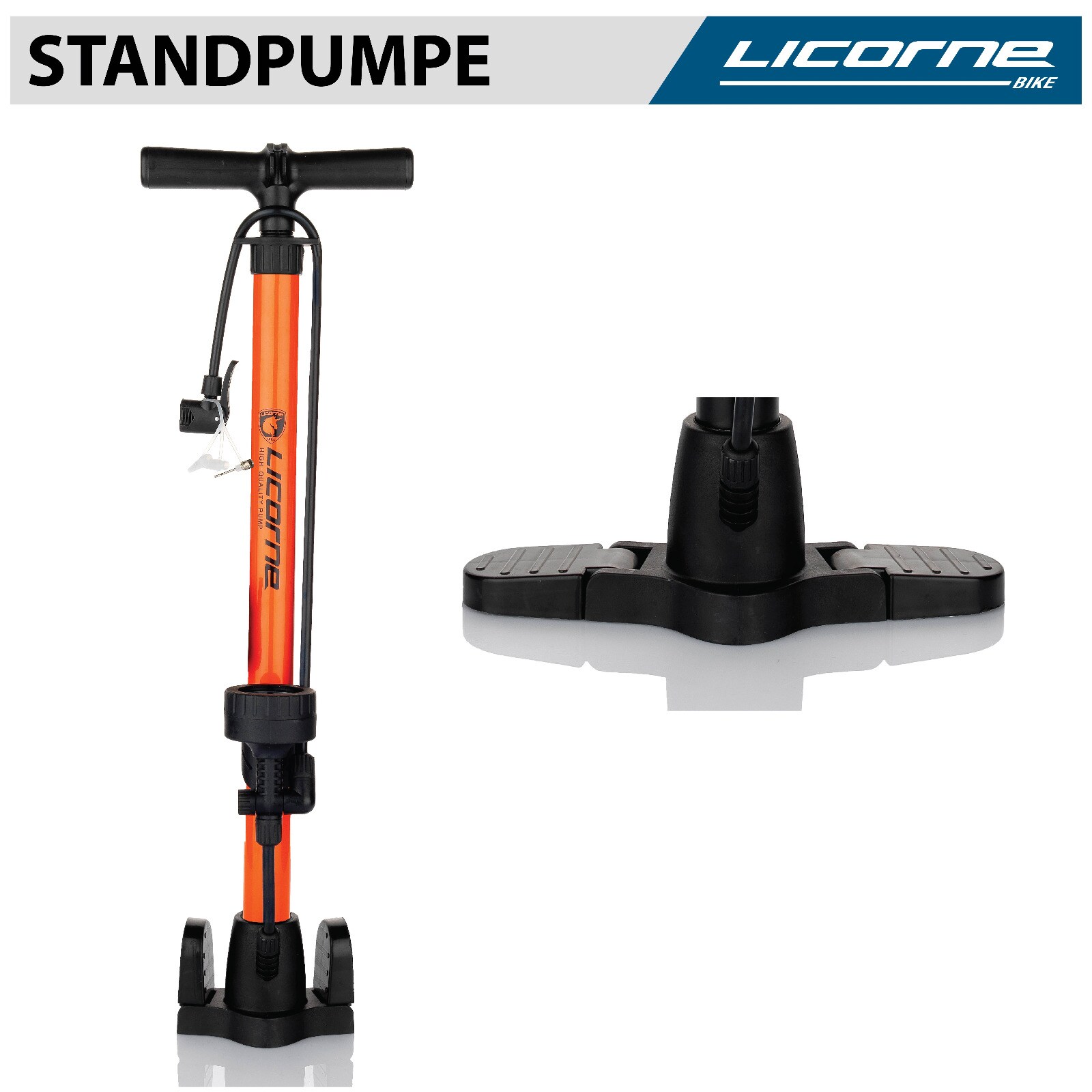 Licorne Bike Standpumpe, Klappbare Standfüße, Fahrradpumpe mit großem Manometer zur Druckanzeige, Dualkopf passend für alle Ventile (Dunlop Ventil, Französisches Ventil, Auto Ventil) (Orange)