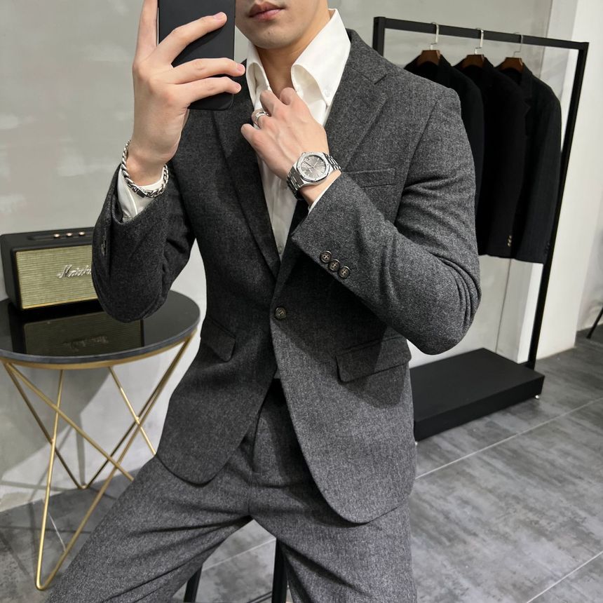 Deepwood - Set: Effen wollen blazer met één knoop + taps toelopende pantalon