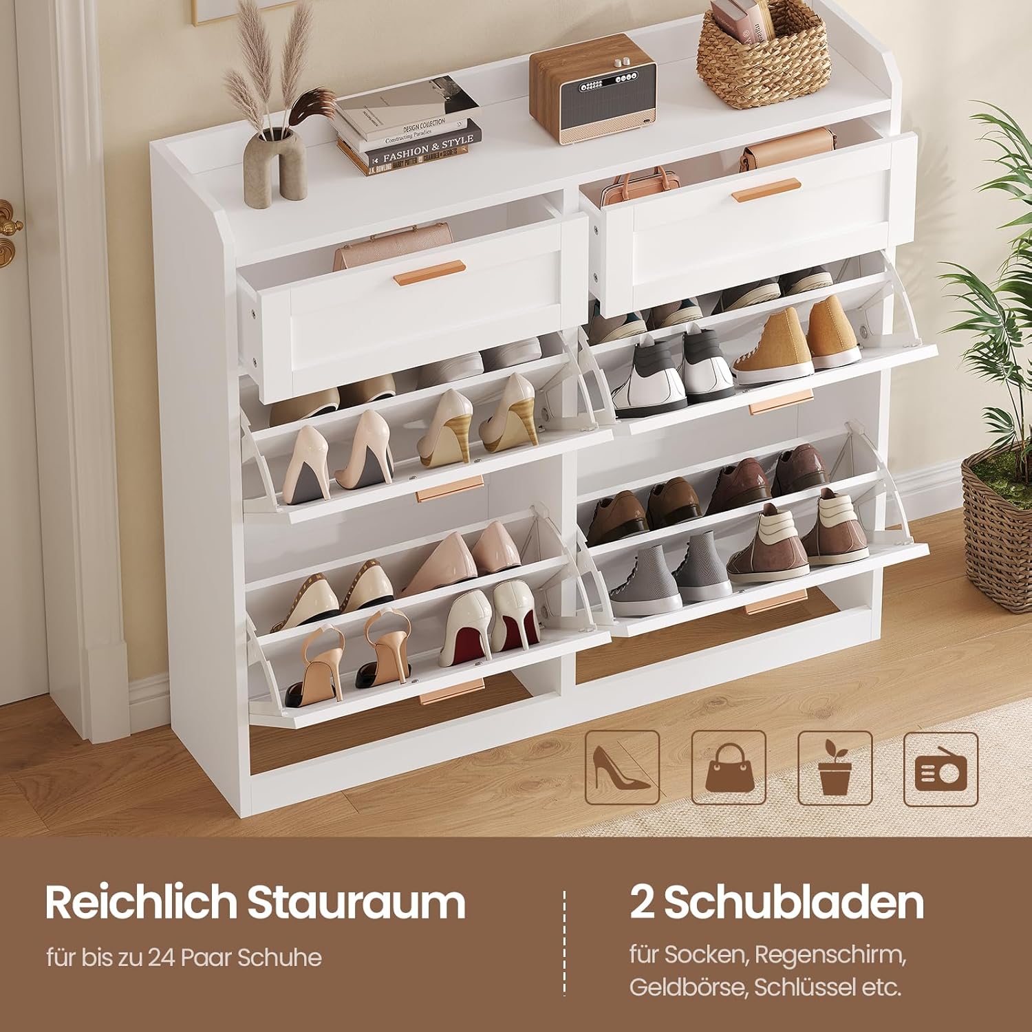 Schuhschrank mit 4 Klappen, Schuhkipper Schmal, Schuhschrank mit 2 Schubladen, Trennwand Verstellbar, für 16-24 Paar Schuhe, Flur, Portale, 24 x 100 x 103 cm, Weiß