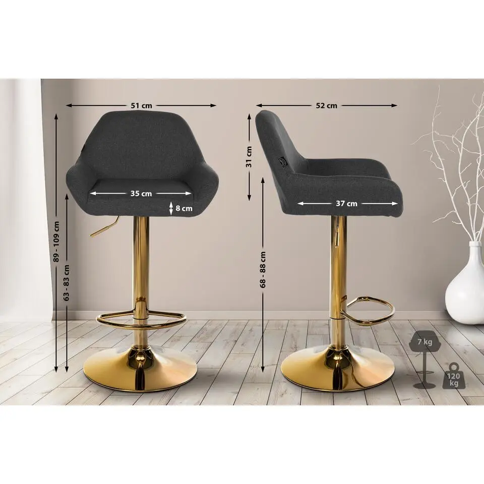 CLP Set van 2 Barkruk Braga goud Frame - Stof - zwart