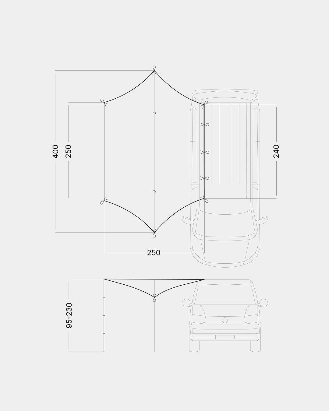 qeedo Motor Tarp Universal - für jedes Fahrzeug (3 Montage-Optionen) - UV-Schutz (UV80) Sonnensegel - inkl. Aufstellstangen, Saugnäpfe, Heringe und Abspannbänder - Für Camper, Campingbus, PKW