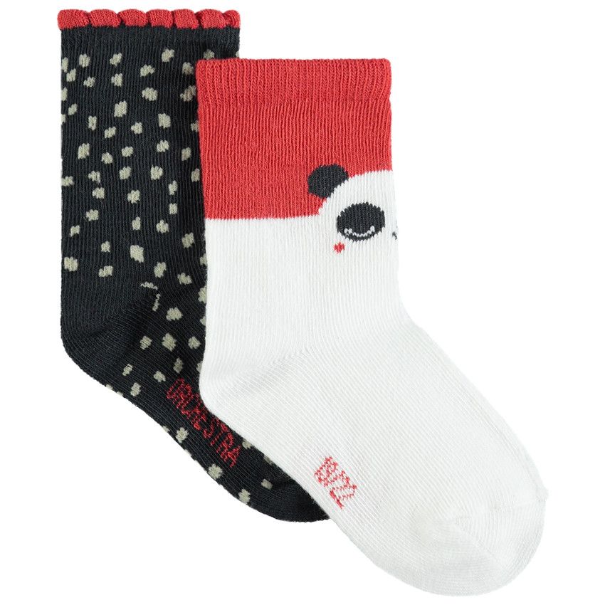 Lot de 2 paires de chaussettes motif pois et panda - Ecru