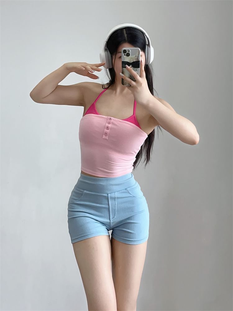 Arigne - Mock Two-Piece Halter Neck Two Tone Sports Top