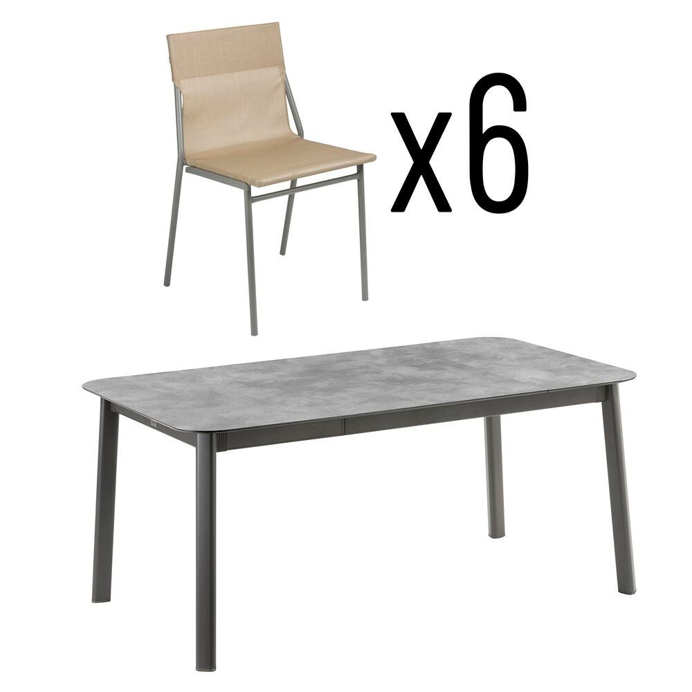 Set 1 ausziehbarer Gartentisch und 6 Gartenstühle Oron HPL Noisette