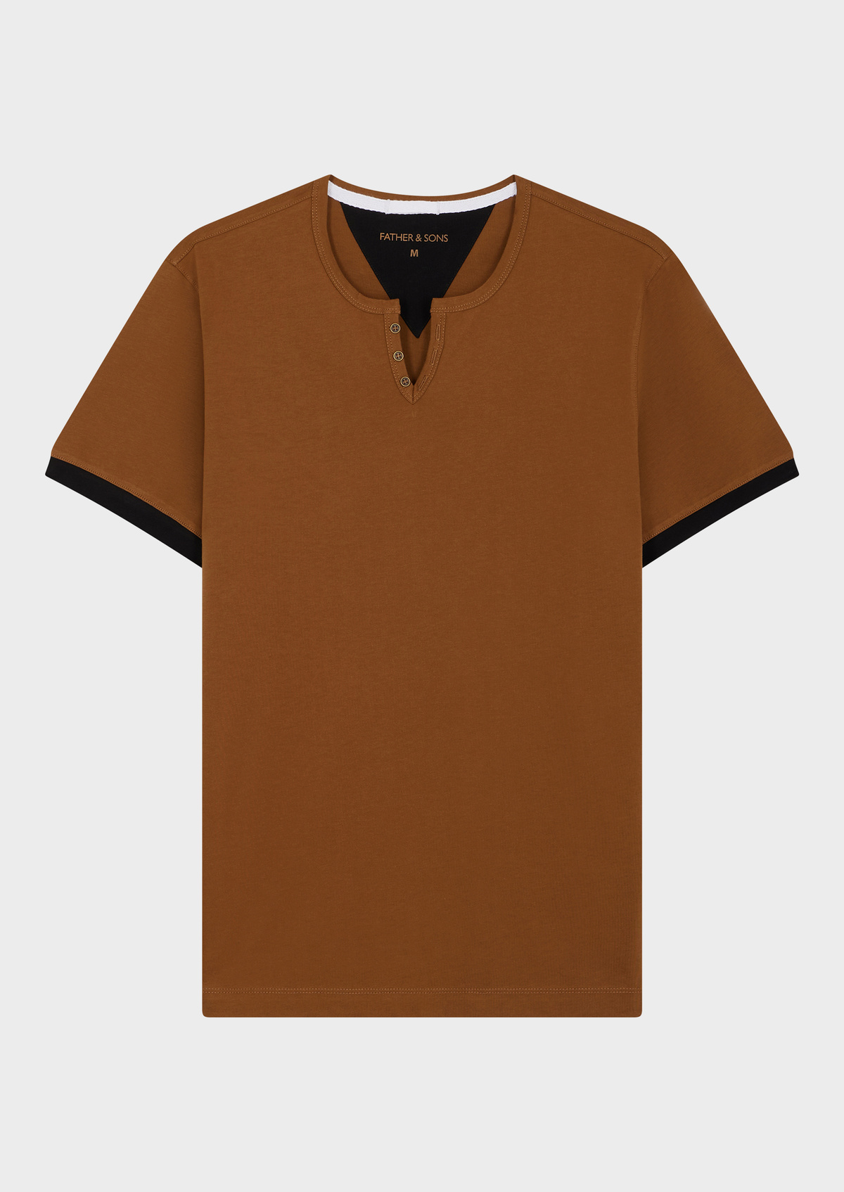 Tee-shirt manches courtes en coton col tunisien uni cognac