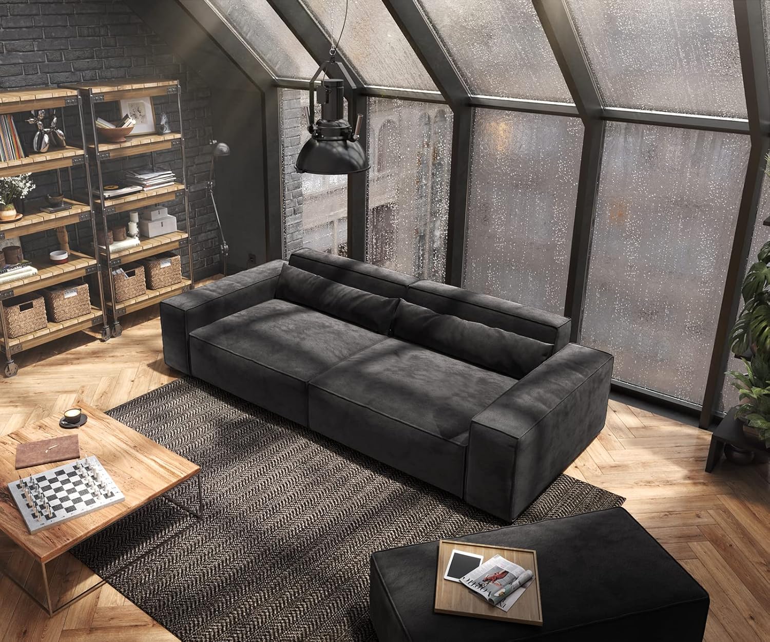 DELIFE Big-Sofa Sirpio XL Mikrofaser Schwarz 270x130 cm mit Hocker