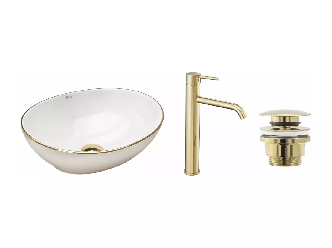 Set De Vasque À Poser Rea Sofia White + Robinet De Lavabo Lungo Gold High + Bonde Gold