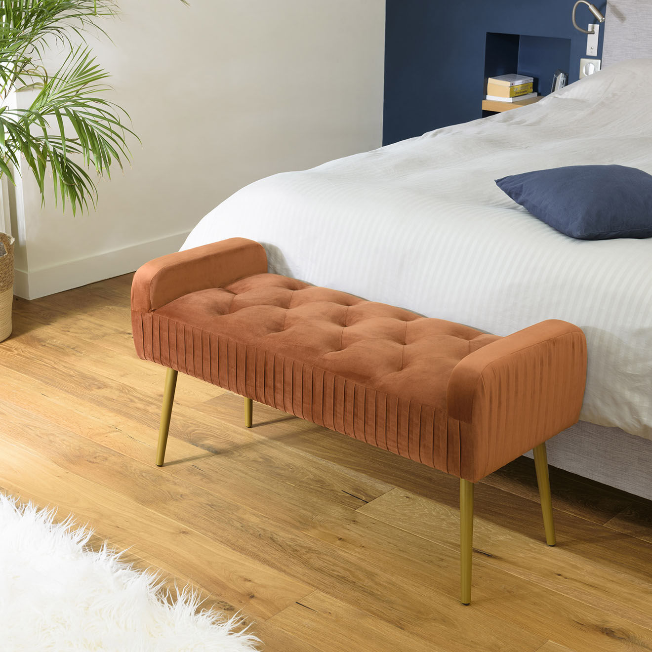 Macabane Banc de lit en velours Albane orange - 103x40x53 cm