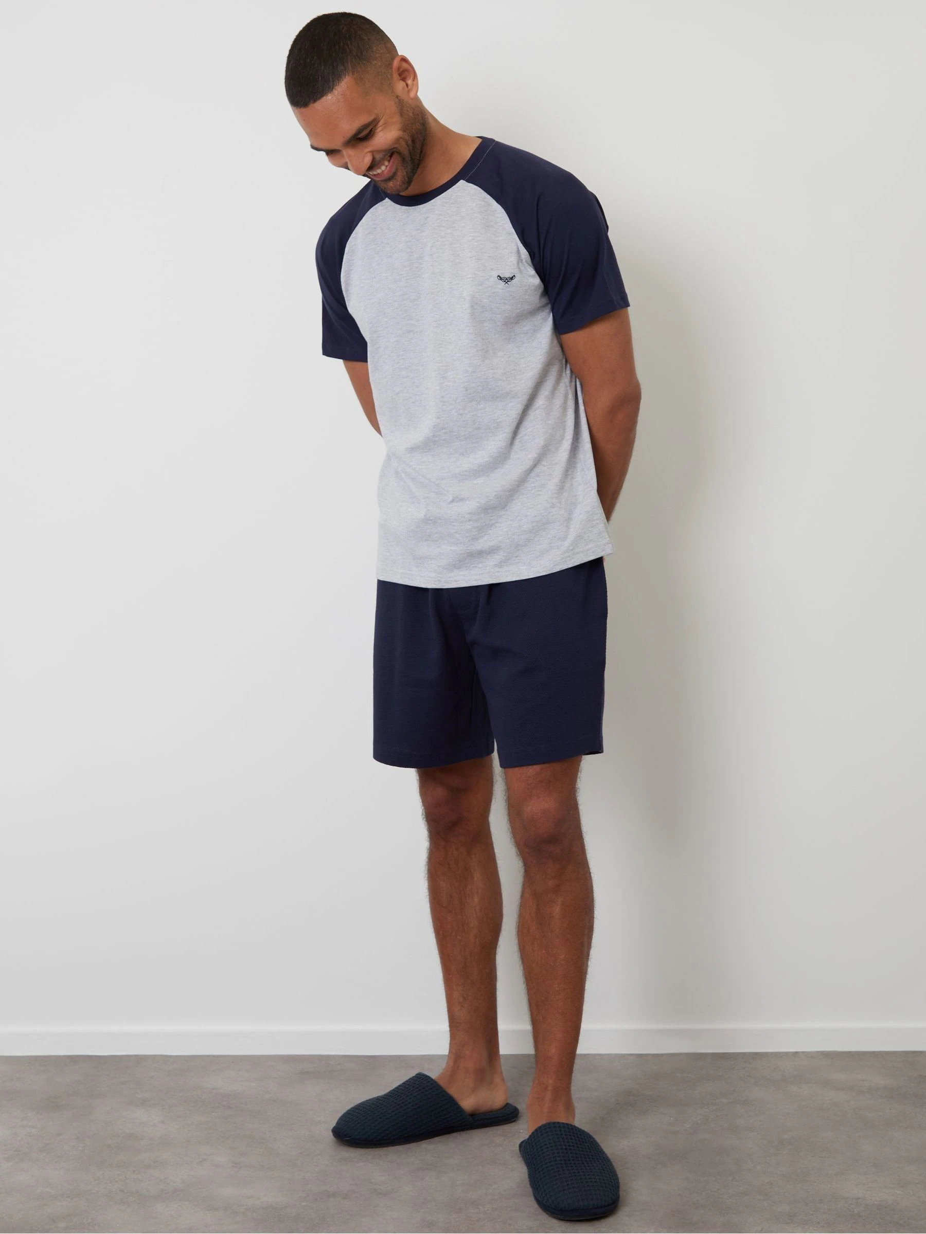 Marineblauw - Threadbare Textured Shortie 100% Cotton Pyjamas Set