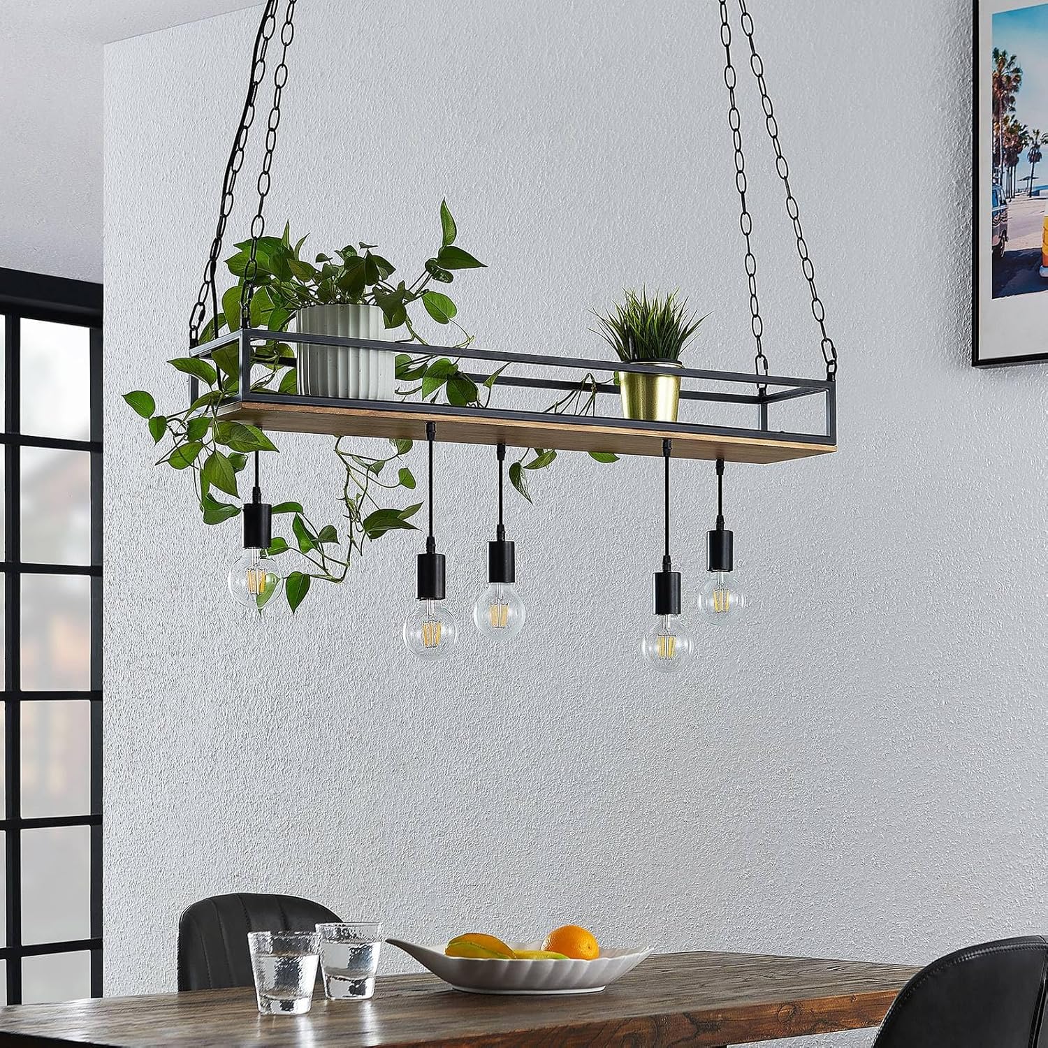 Lindby Esstisch Pendelleuchte mit Ablagefläche, Käfig Hängelampe Lampe Wohnzimmer 5x E27 max. 15W ohne Leuchtmittel Kronleuchter Esszimmerlampe