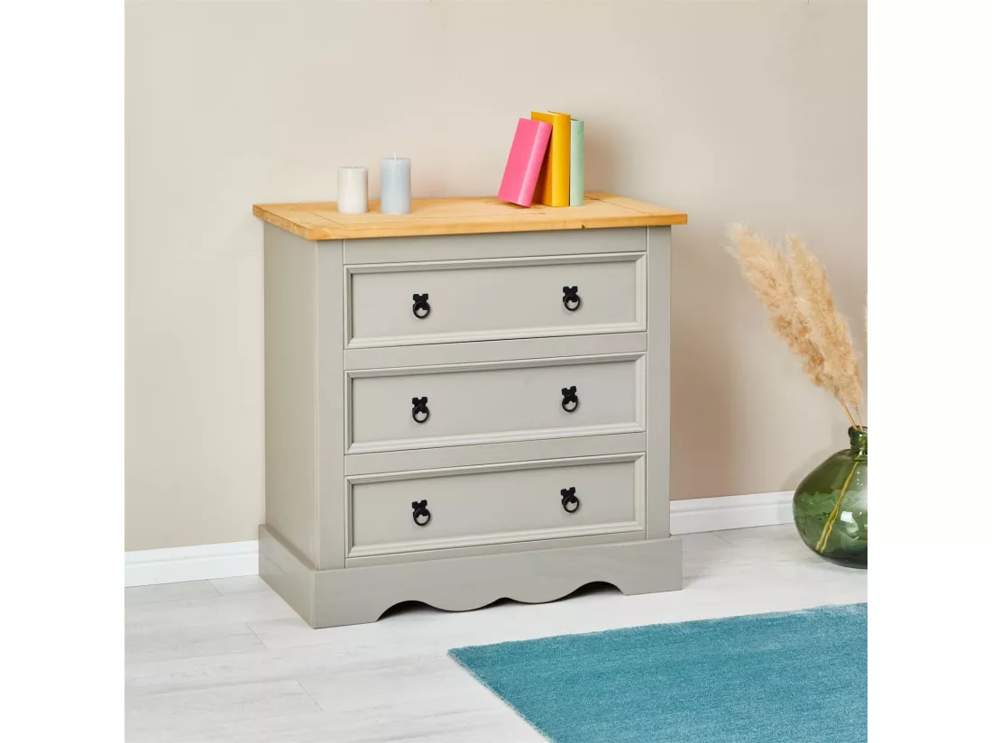 Commode TEQUILA buffet bahut vaisselier en bois style mexicain avec 3 grands tiroirs, en pin massif lasuré gris et brun
