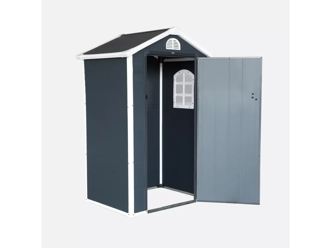 Abri de jardin plastique 1.39 m². anthracite. Structure aluminium et acier. 134 x 104 x 204cm